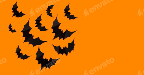 Preview: Halloween photo of black bats, ghost on blank orange background. Halloween decoration