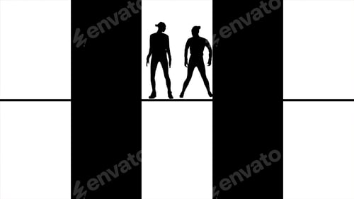 Preview: Abstract black silhouettes dancing, jumping, and moving in windows, monochrome. Black figures of