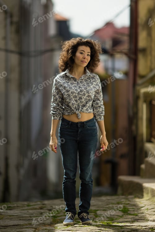 Preview: Young Asian Woman Is Posing For Photo Shoot In The Old Downtown, Porto, Portugal. Beautiful