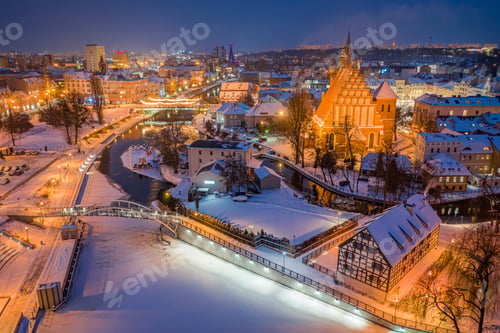 Preview: Aerial view of downtown Bydgoszcz at dusk in winter