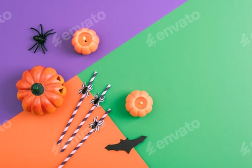 Preview: Stylish Halloween background with pumpkins, bats, and drinking straws with spiders on an orange