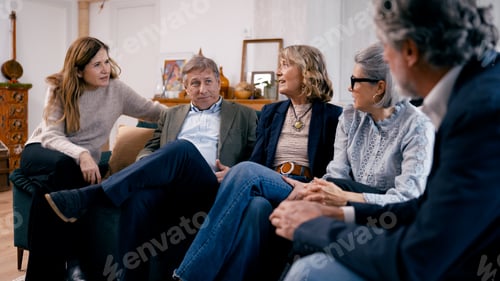 Preview: Seniors friends gathering discussing enjoying conversation at home