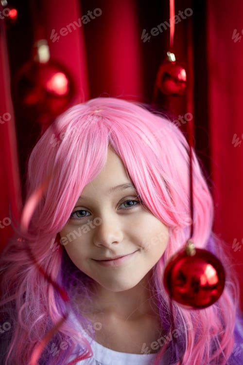 Preview: Vanilla Girl. Kawaii vibes. Little girl with pink hair have party on red Christmas background