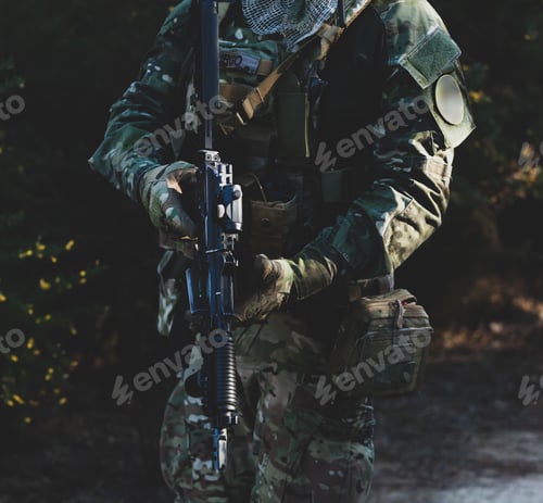 Preview: Camouflage Clad Person Holding Rifle in Forest