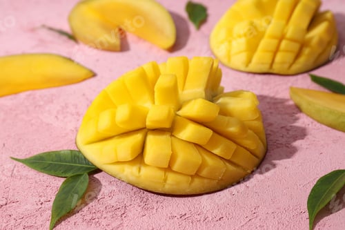 Preview: Fresh cut mango on a pink background