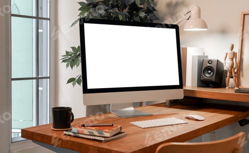 Preview: Modern all-in-one desktop computer with a blank screen is placed on a clean wooden desk.