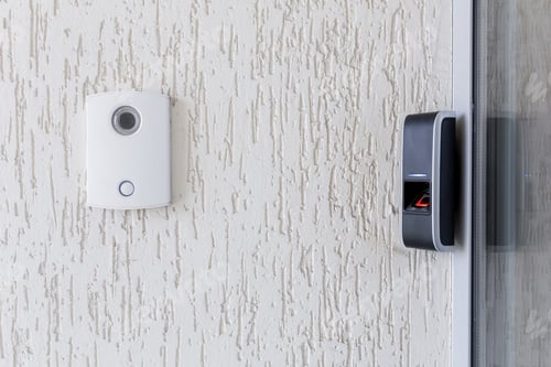 Preview: Door lock on door with fingerprint sensor, entrance to modern office and home