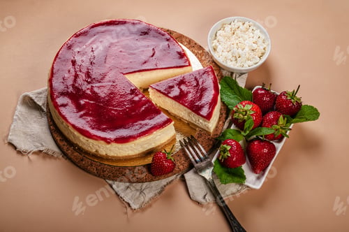 Preview: Classic cheesecake with Strawberry jam on a beige background. Homemade delicious pastries