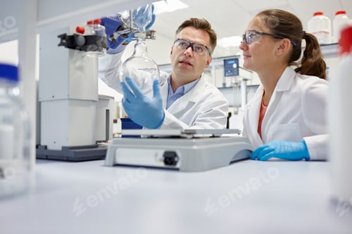 Preview: Scientists using rotary evaporator in laboratory