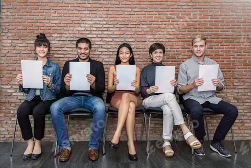 Preview: Portrait of happy young asian caucasian business people waiting for job interview hands