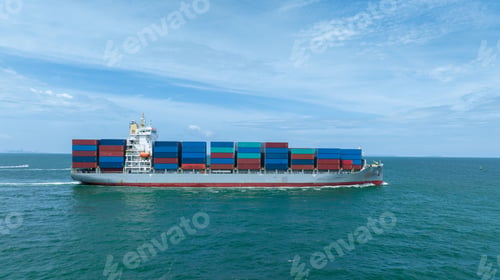 Preview: Side view of Cargo Container Ship, on beautiful blue sky. Container Vessel side view