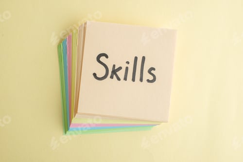 Preview: top view skills written note along with colorful little paper notes on light background color