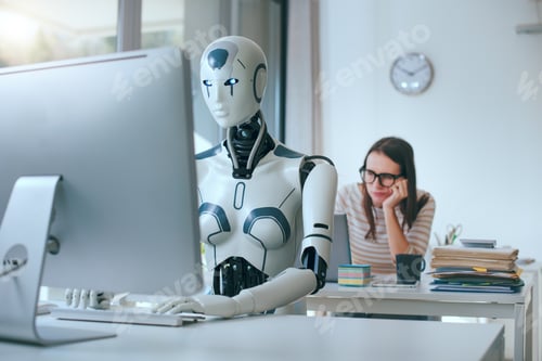 Preview: Disappointed stressed woman and AI robot in the office