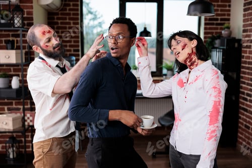 Preview: Undead zombies attacking man in office