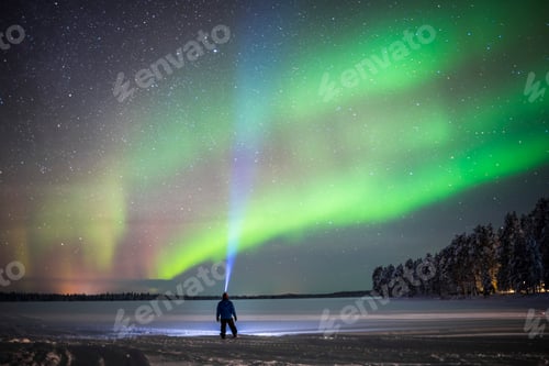 Preview: Person under Northern Lights (aurora borealis) display of amazing bright colourful green and purple