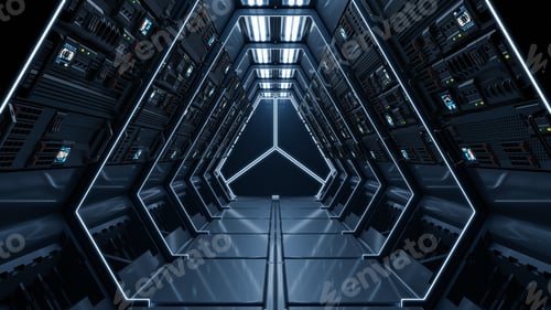 Preview: Science background fiction interior rendering sci-fi spaceship corridors blue light.