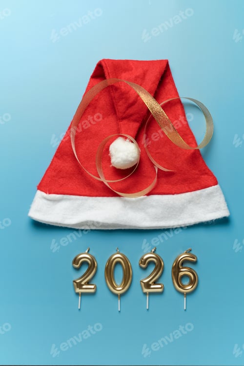 Visualização: Celebração do feriado com um chapéu de Papai Noel vermelho e velas douradas de 2026