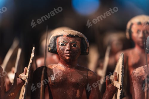 Preview: Ancient egyptian wooden figurine holding shield and spear