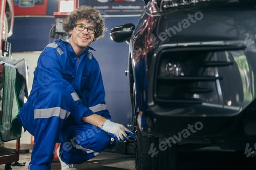 Preview: Automotive mechanic worker checking at car tyre rubber eeded for replacement