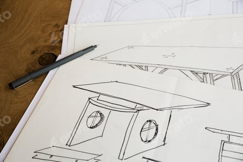 Preview: Close up of design drawings for furniture, a table.