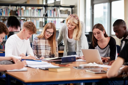 Preview: Female Teacher Working With College Students In Library