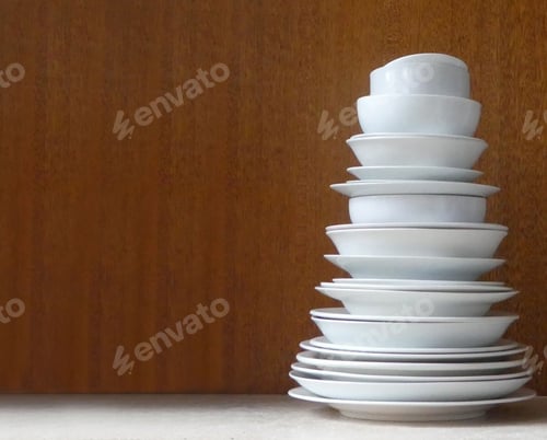Preview: Stack of white plates and crockery on table with space for text overlay