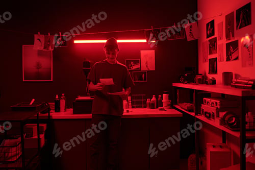 Preview: Smiling Teen Boy Holding Photo Prints Working in Darkroom