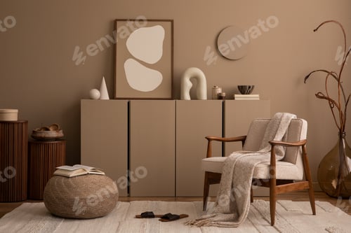 Vista previa: Warm and cozy composition of living room interior with rug, personal accessories Home decor Template