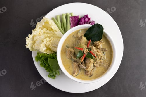 Preview: Chicken green curry in a white cup on the cement ground