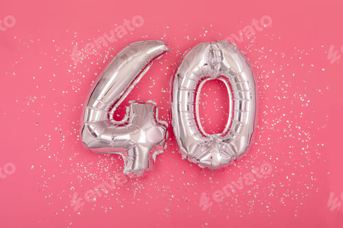 Preview: Silver balloon in shape of number fourty 40 pink background