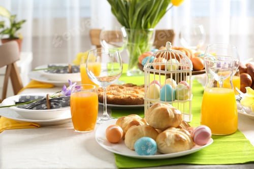 Preview: Festive Easter table setting with traditional meal at home, space for text
