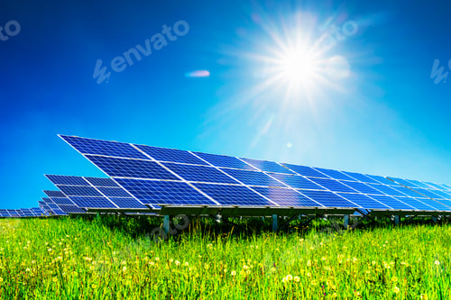 Preview: Blue solar panels under deep blue sky