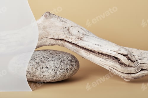 Preview: Stone pebble podium, matte glass and weathered driftwood. Display for natural product