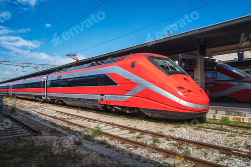 Preview: High speed train on the train station at sunny day