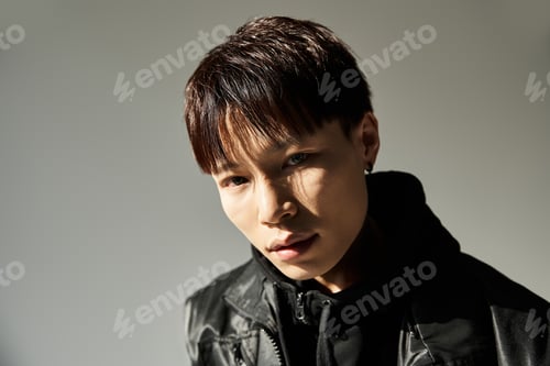 Preview: Handsome young asian man exuding confidence in stylish black attire during a creative photoshoot