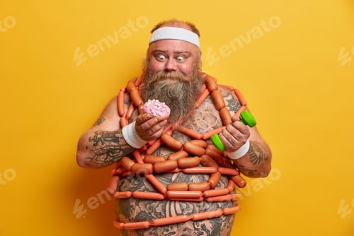 Preview: Plump bearded man obsessed with junk food tries to loose weight wears headband and wristbands has ea
