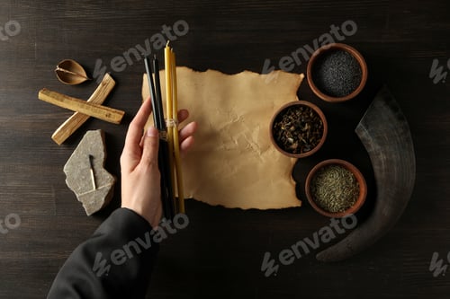 Preview: A set of magical things on a dark table.