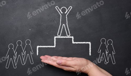 Preview: Hand holding a chalk drawing of a podium with a person on top and people on either side.