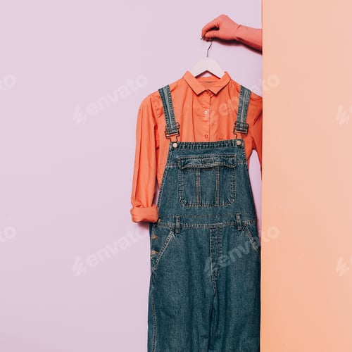 Preview: Stylish clothes. Hipster fashion. Pink shirt and denim overalls