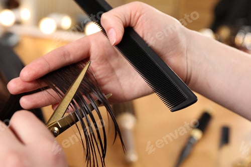 Preview: Hairdresser cutting client's hair with scissors in salon, closeup