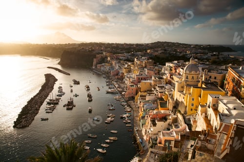 Preview: Fishing village in magic sunset, Marina Corricella on Procida Italy.