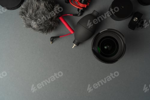 Preview: Various video equipment on gray background