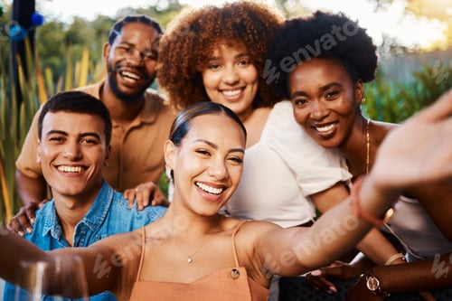 Preview: Smile, portrait and selfie of friends at cafe, bonding and happy memory at sunset. Face, group and