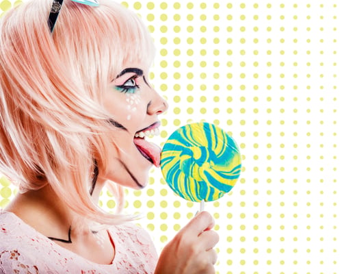 Preview: Woman With Makeup In The Style Of Pop Art. A Woman Holding A Lollipop And Licking It. Colored