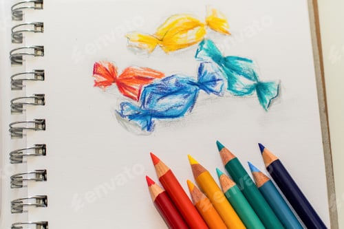 Preview: Wrapped candies sketch with colored pencils. Drawing. Draw sketch
