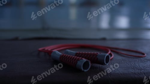 Preview: Red jump rope with black handles on a black gym floor, closeup