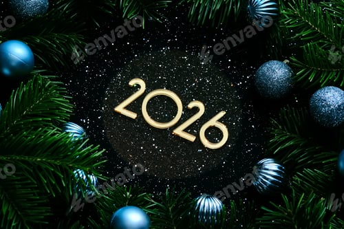 Visualização: Fundo escuro de Ano Novo de 2026. Número do próximo ano na decoração de Natal