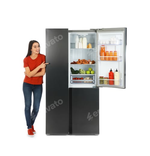 Preview: Young woman near open refrigerator on white background