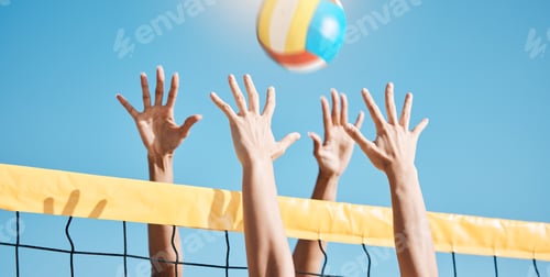 Preview: Volleyball, hands and net with sports and fitness, people outdoor playing game with blue sky and su