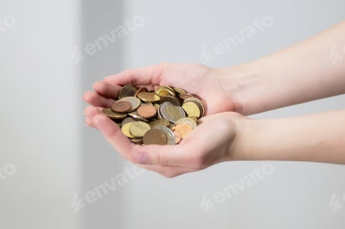 Preview: Folded hands holding or extending a stack of coins. Petty cash, handout, tip